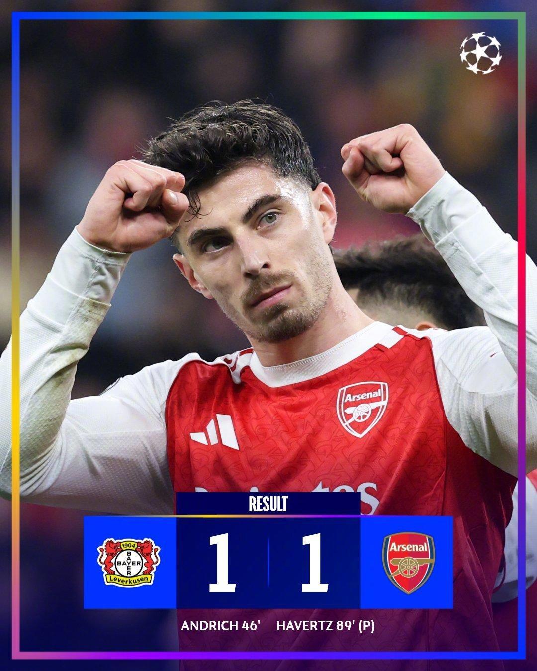 世界杯直播官网app下载中心-热闻|哈弗茨点球绝平旧主！阿森纳1-1勒沃库森，欧冠8连胜终结